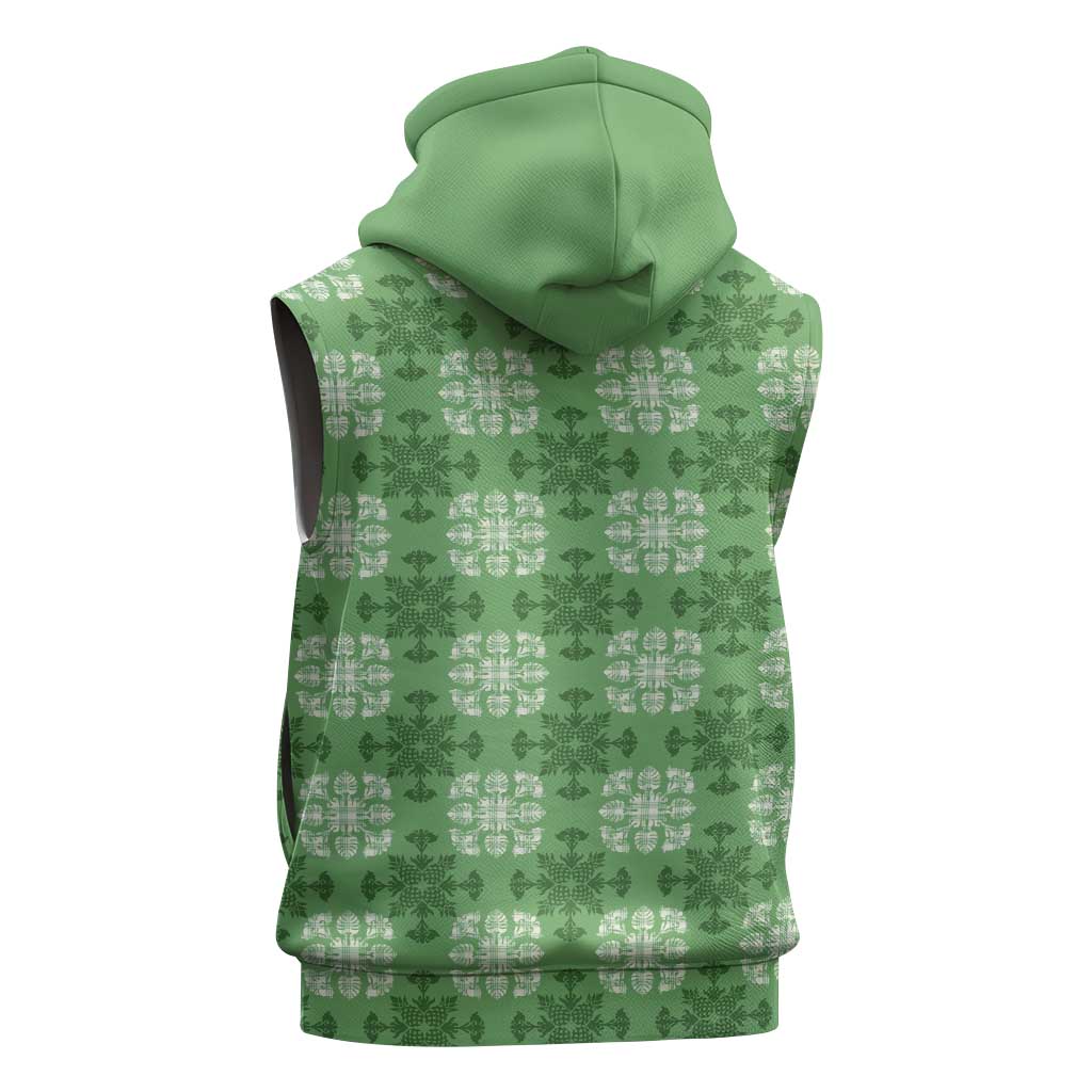 Green Hawaiian Quilt Sleeveless Hoodie Hawaii Pineapple Monstera Palaka Motifs - Polynesian Pride