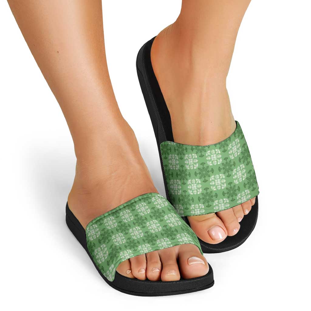 Green Hawaiian Quilt Slide Sandals Hawaii Pineapple Monstera Palaka Motifs LT14 - Polynesian Pride