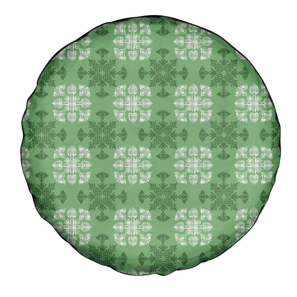 Green Hawaiian Quilt Spare Tire Cover Hawaii Pineapple Monstera Palaka Motifs - Polynesian Pride