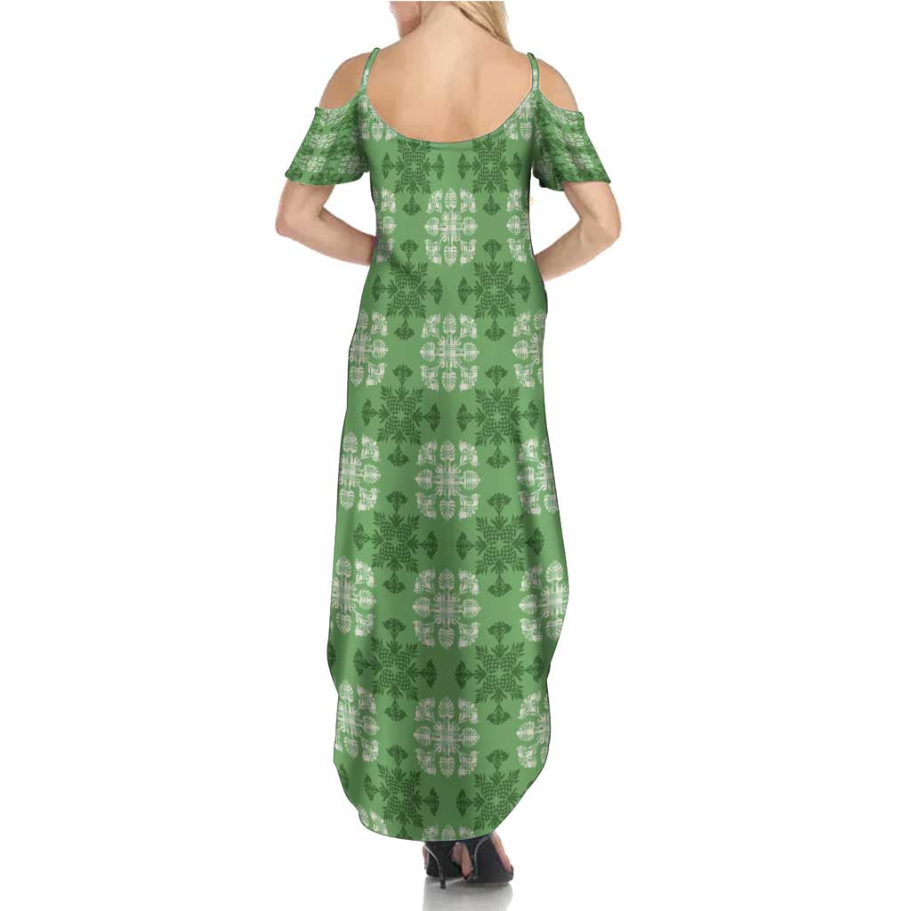Green Hawaiian Quilt Summer Maxi Dress Hawaii Pineapple Monstera Palaka Motifs - Polynesian Pride