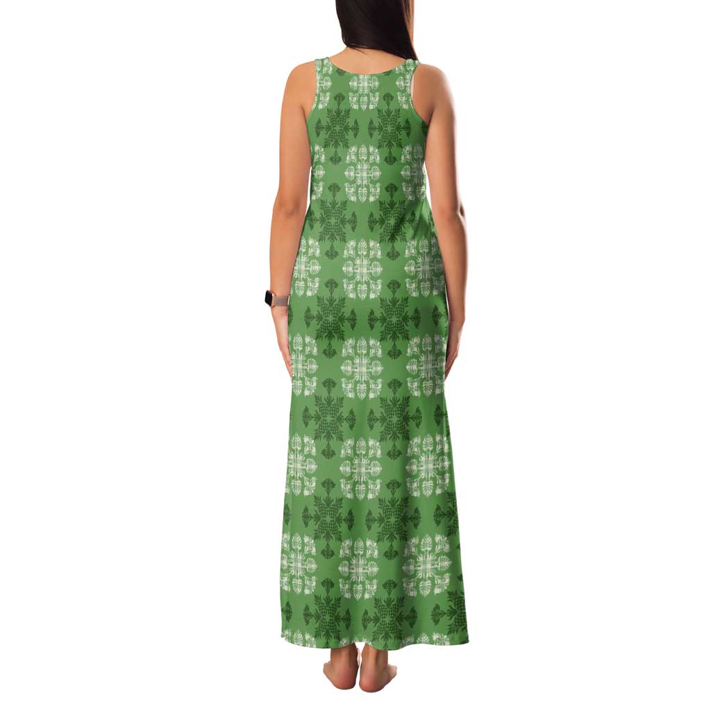 Green Hawaiian Quilt Tank Maxi Dress Hawaii Pineapple Monstera Palaka Motifs - Polynesian Pride