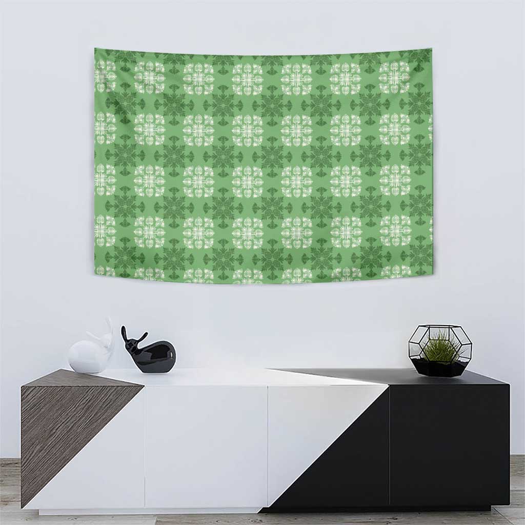 Green Hawaiian Quilt Tapestry Hawaii Pineapple Monstera Palaka Motifs LT14 - Polynesian Pride