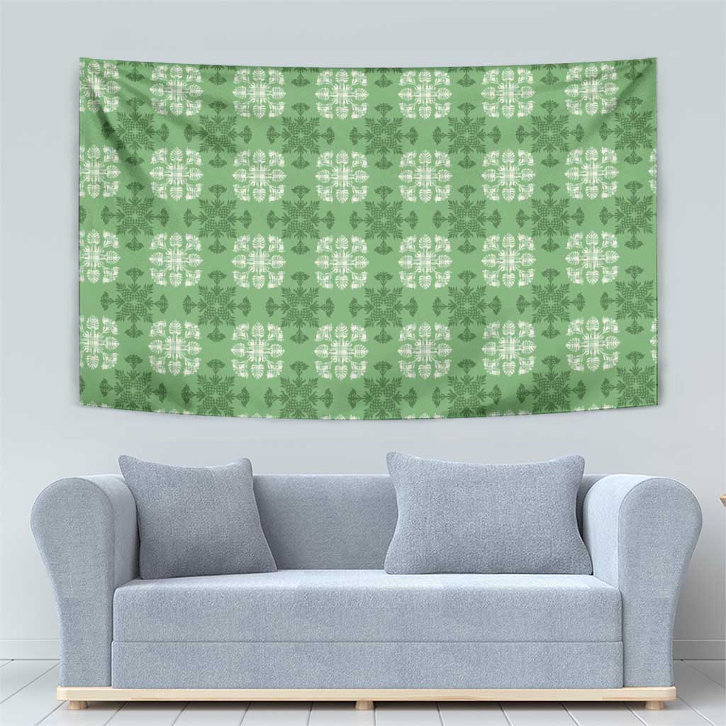 Green Hawaiian Quilt Tapestry Hawaii Pineapple Monstera Palaka Motifs LT14 - Polynesian Pride