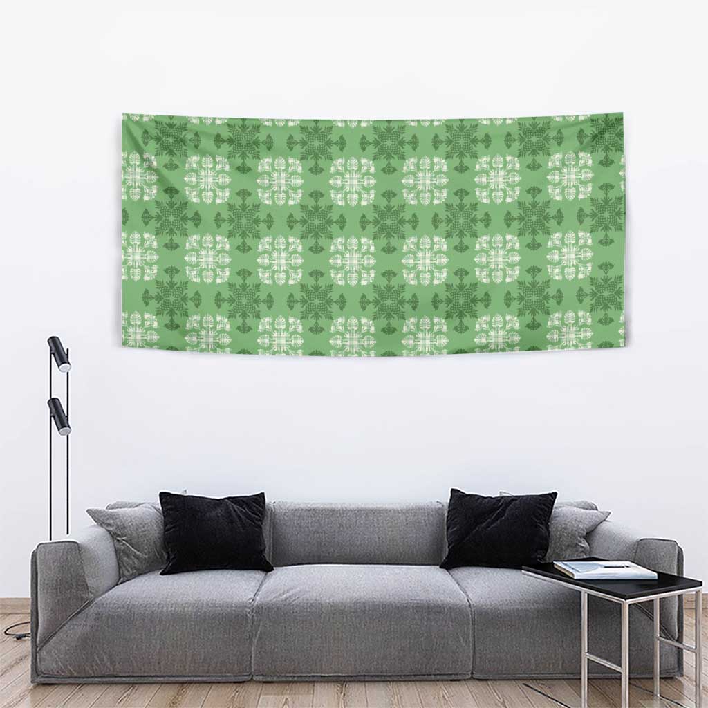 Green Hawaiian Quilt Tapestry Hawaii Pineapple Monstera Palaka Motifs LT14 - Polynesian Pride