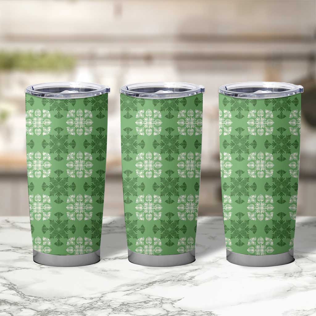 Green Hawaiian Quilt Tumbler Cup Hawaii Pineapple Monstera Palaka Motifs - Polynesian Pride