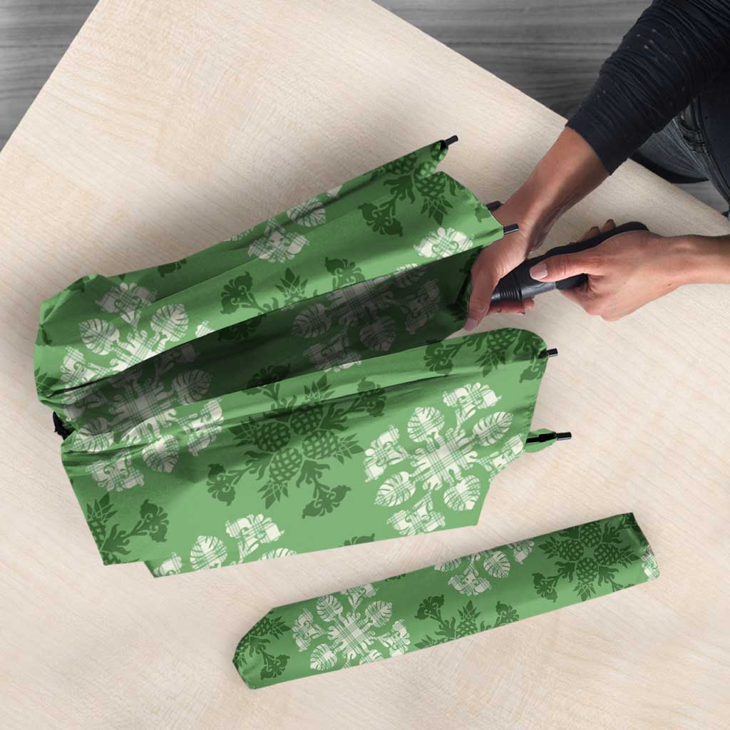 Green Hawaiian Quilt Umbrella Hawaii Pineapple Monstera Palaka Motifs - Polynesian Pride