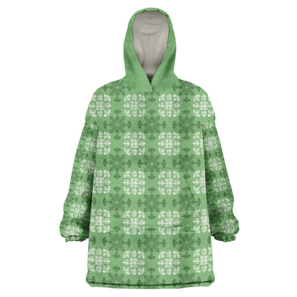 Green Hawaiian Quilt Wearable Blanket Hoodie Hawaii Pineapple Monstera Palaka Motifs - Polynesian Pride
