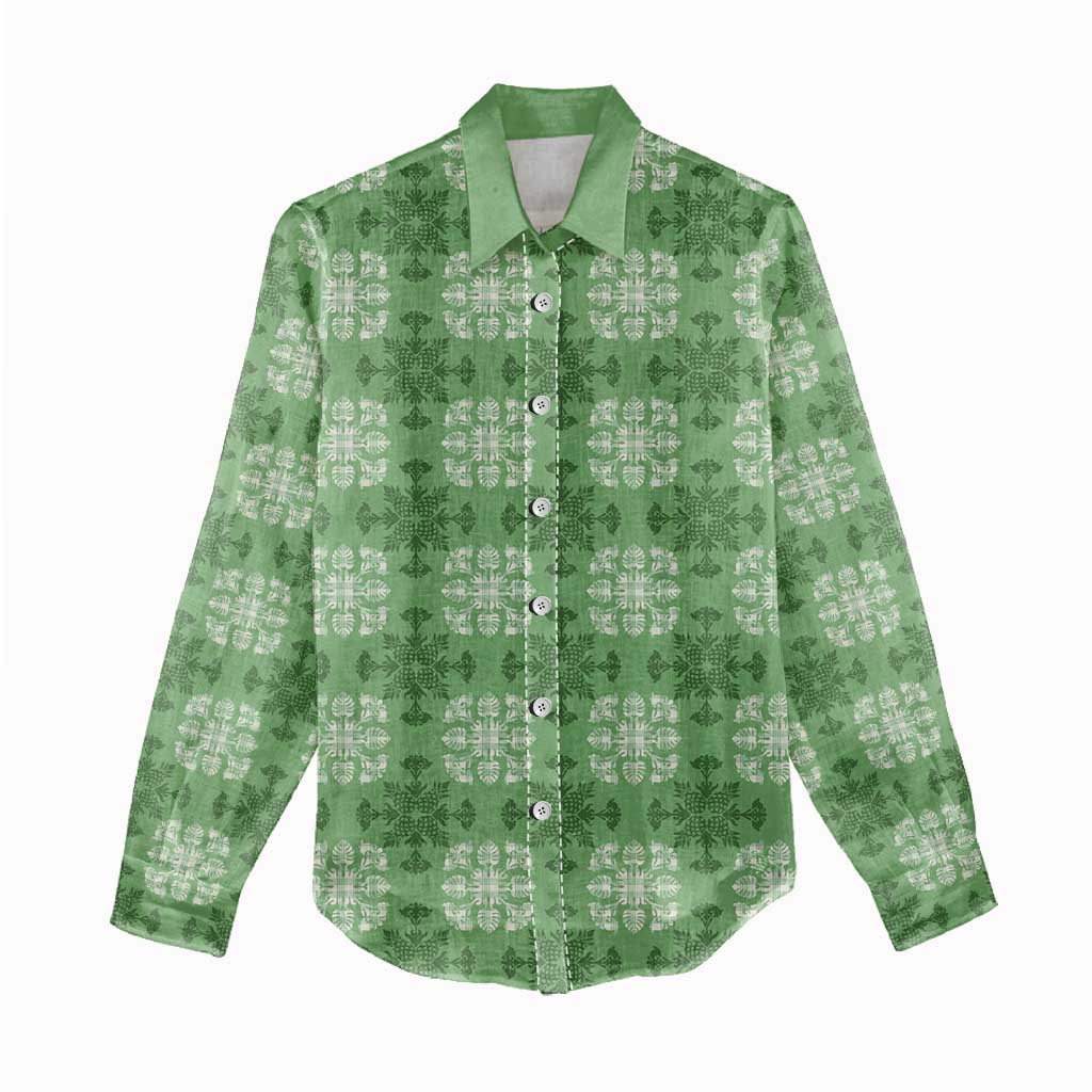 Green Hawaiian Quilt Women Casual Shirt Hawaii Pineapple Monstera Palaka Motifs - Polynesian Pride