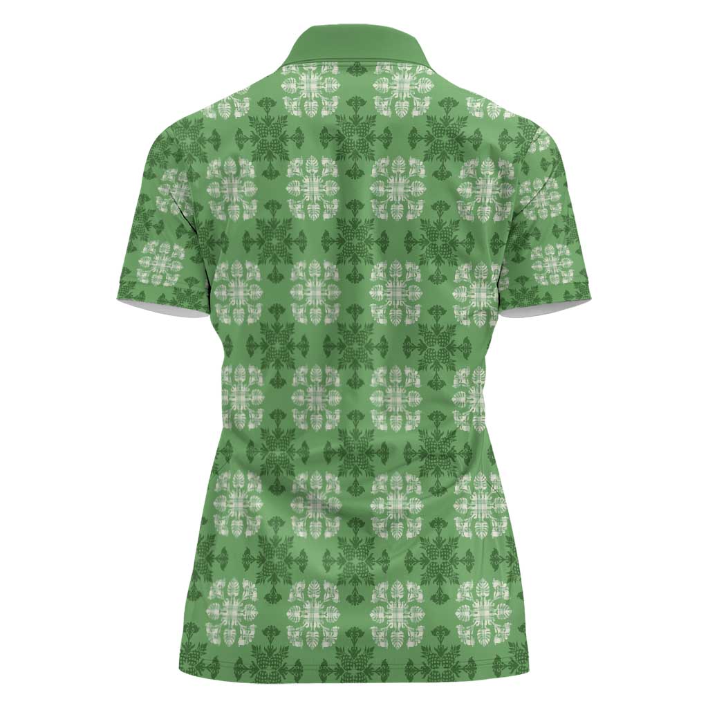 Green Hawaiian Quilt Women Polo Shirt Hawaii Pineapple Monstera Palaka Motifs - Polynesian Pride