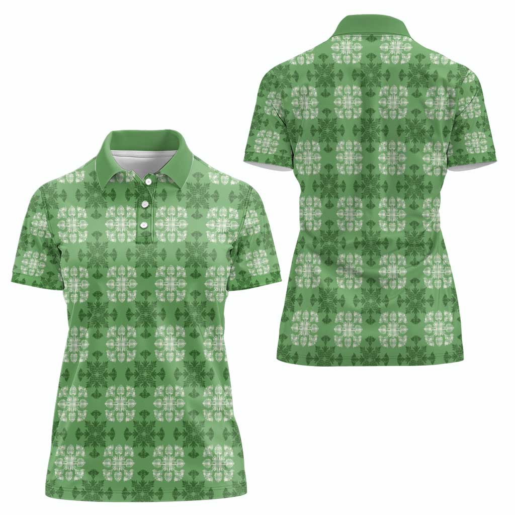 Green Hawaiian Quilt Women Polo Shirt Hawaii Pineapple Monstera Palaka Motifs - Polynesian Pride
