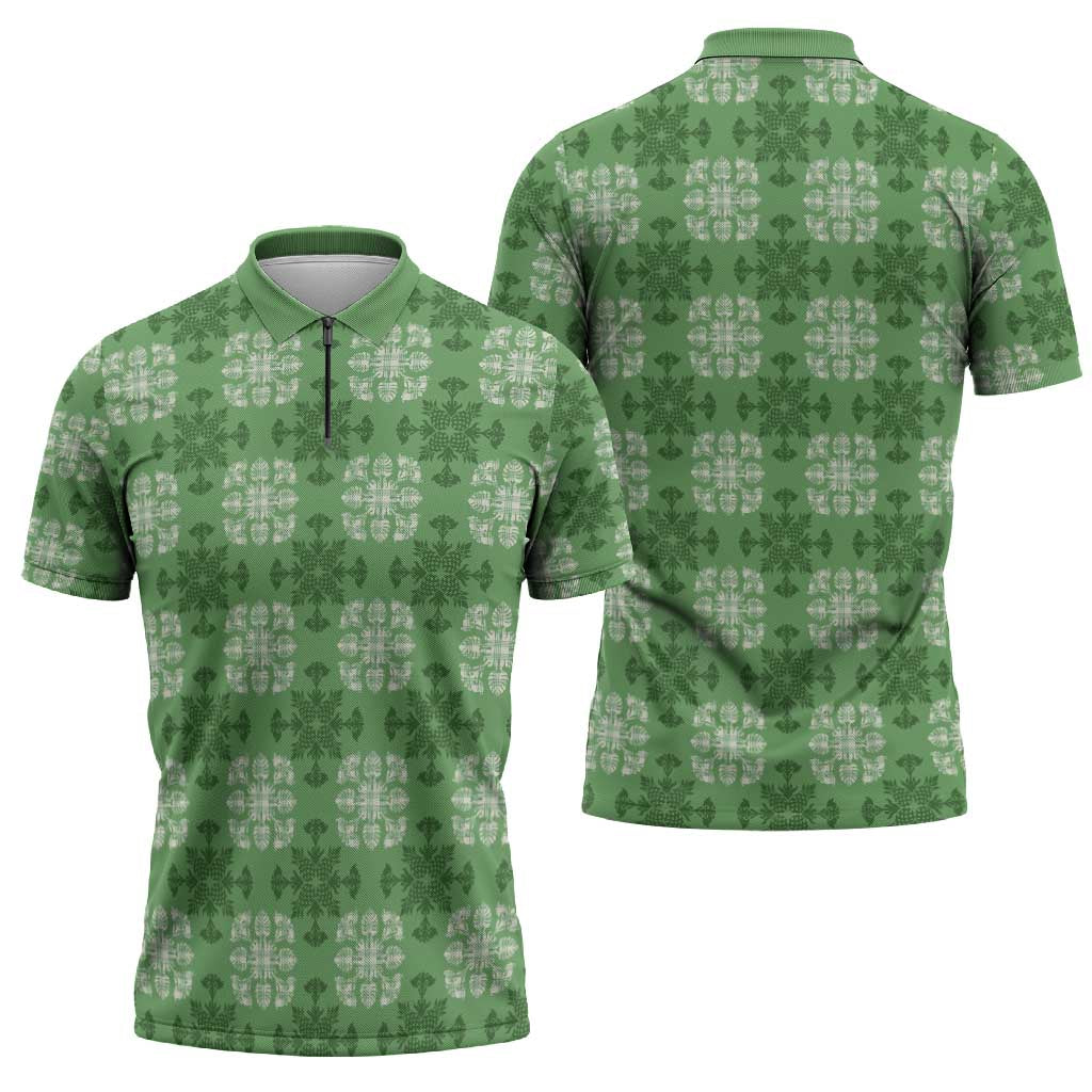 Green Hawaiian Quilt Zipper Polo Shirt Hawaii Pineapple Monstera Palaka Motifs - Polynesian Pride