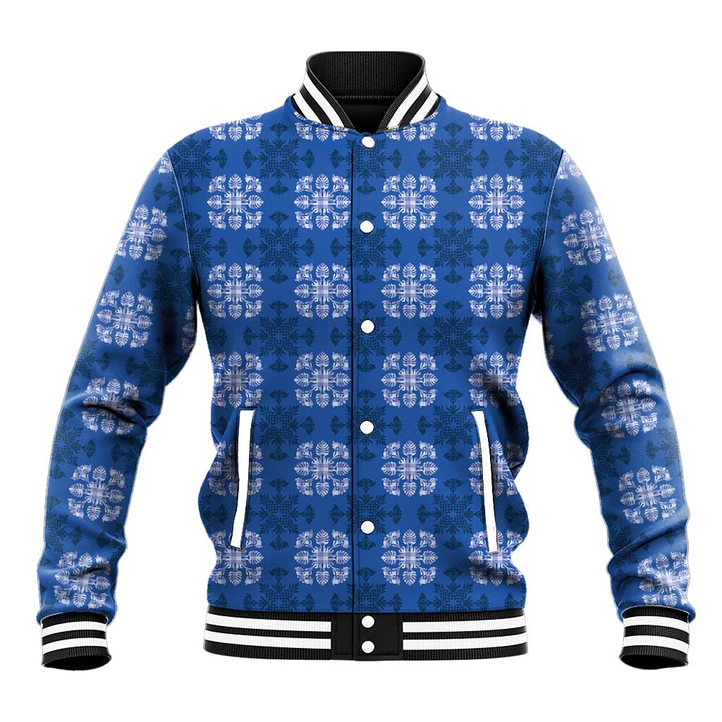 Royal Blue Hawaiian Quilt Baseball Jacket Hawaii Pineapple Monstera Palaka Motifs - Polynesian Pride
