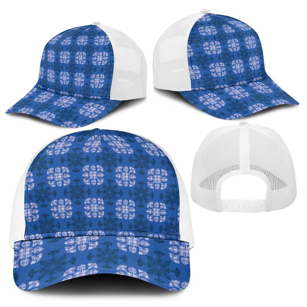 Royal Blue Hawaiian Quilt Baseball Net Cap Hawaii Pineapple Monstera Palaka Motifs - Polynesian Pride