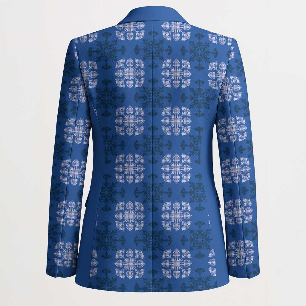 Royal Blue Hawaiian Quilt Blazer Hawaii Pineapple Monstera Palaka Motifs LT14 - Polynesian Pride