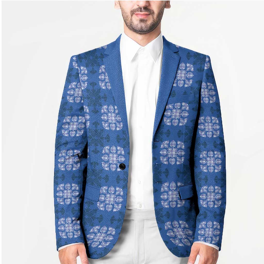 Royal Blue Hawaiian Quilt Blazer Hawaii Pineapple Monstera Palaka Motifs LT14 - Polynesian Pride