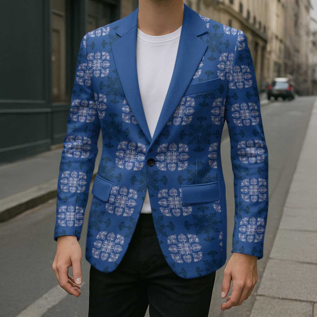 Royal Blue Hawaiian Quilt Blazer Hawaii Pineapple Monstera Palaka Motifs LT14 - Polynesian Pride