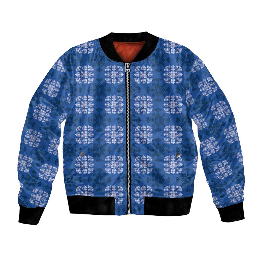 Royal Blue Hawaiian Quilt Bomber Jacket Hawaii Pineapple Monstera Palaka Motifs - Polynesian Pride