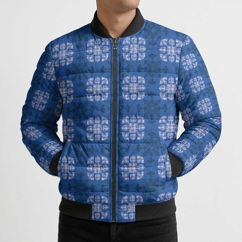 Royal Blue Hawaiian Quilt Bomber Puffer Jacket Hawaii Pineapple Monstera Palaka Motifs - Polynesian Pride