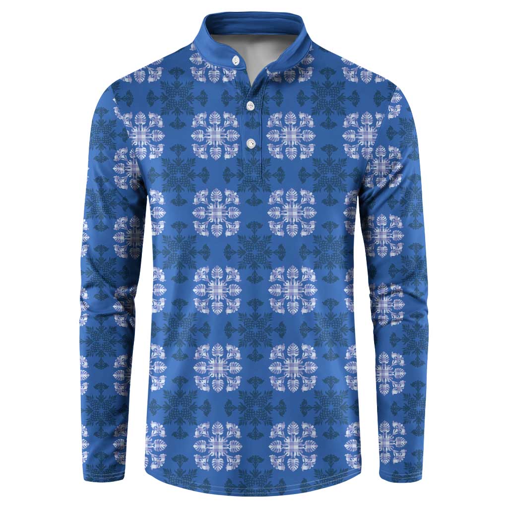 Royal Blue Hawaiian Quilt Button Sweatshirt Hawaii Pineapple Monstera Palaka Motifs - Polynesian Pride