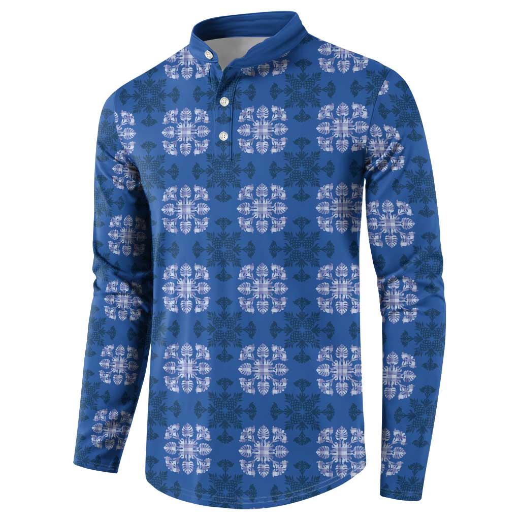 Royal Blue Hawaiian Quilt Button Sweatshirt Hawaii Pineapple Monstera Palaka Motifs - Polynesian Pride