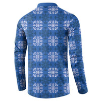 Royal Blue Hawaiian Quilt Button Sweatshirt Hawaii Pineapple Monstera Palaka Motifs - Polynesian Pride