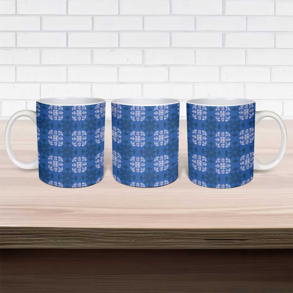 Royal Blue Hawaiian Quilt Ceramic Mug Hawaii Pineapple Monstera Palaka Motifs - Polynesian Pride