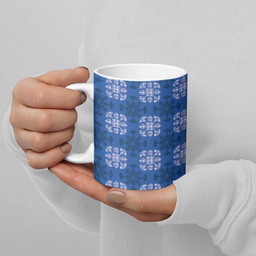 Royal Blue Hawaiian Quilt Ceramic Mug Hawaii Pineapple Monstera Palaka Motifs - Polynesian Pride