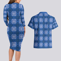 Royal Blue Hawaiian Quilt Couples Matching Long Sleeve Bodycon Dress and Hawaiian Shirt Hawaii Pineapple Monstera Palaka Motifs - Polynesian Pride