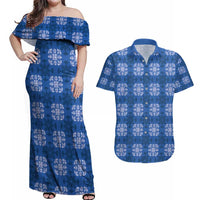 Royal Blue Hawaiian Quilt Couples Matching Off Shoulder Maxi Dress and Hawaiian Shirt Hawaii Pineapple Monstera Palaka Motifs - Polynesian Pride