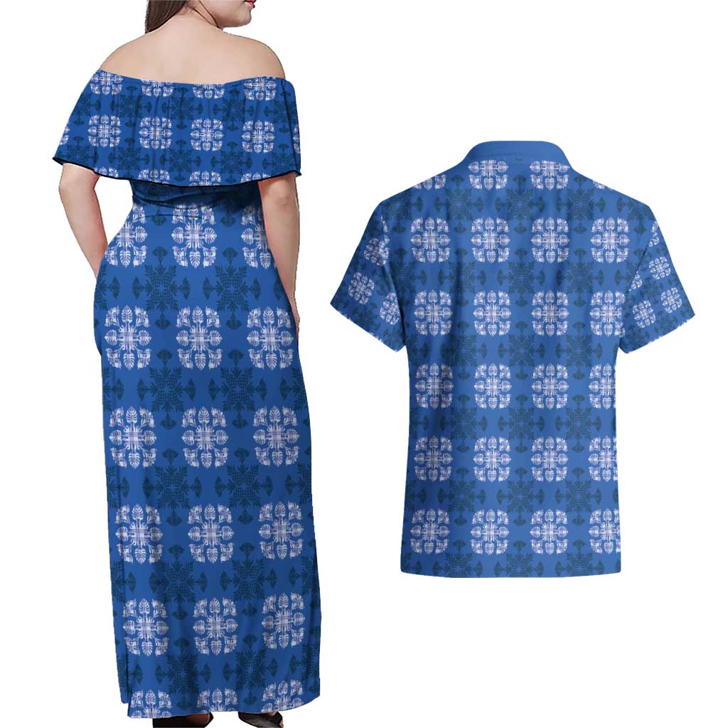 Royal Blue Hawaiian Quilt Couples Matching Off Shoulder Maxi Dress and Hawaiian Shirt Hawaii Pineapple Monstera Palaka Motifs - Polynesian Pride