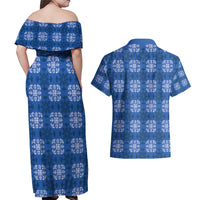 Royal Blue Hawaiian Quilt Couples Matching Off Shoulder Maxi Dress and Hawaiian Shirt Hawaii Pineapple Monstera Palaka Motifs - Polynesian Pride