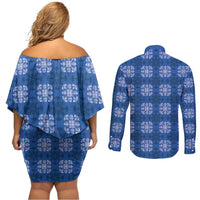 Royal Blue Hawaiian Quilt Couples Matching Off Shoulder Short Dress and Long Sleeve Button Shirt Hawaii Pineapple Monstera Palaka Motifs - Polynesian Pride