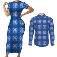 Royal Blue Hawaiian Quilt Couples Matching Short Sleeve Bodycon Dress and Long Sleeve Button Shirt Hawaii Pineapple Monstera Palaka Motifs - Polynesian Pride