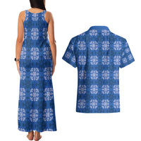 Royal Blue Hawaiian Quilt Couples Matching Tank Maxi Dress and Hawaiian Shirt Hawaii Pineapple Monstera Palaka Motifs - Polynesian Pride