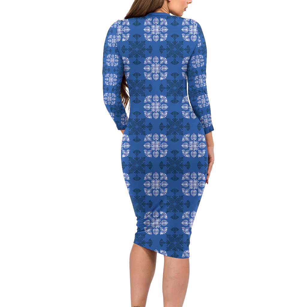 Royal Blue Hawaiian Quilt Family Matching Long Sleeve Bodycon Dress and Hawaiian Shirt Hawaii Pineapple Monstera Palaka Motifs - Polynesian Pride