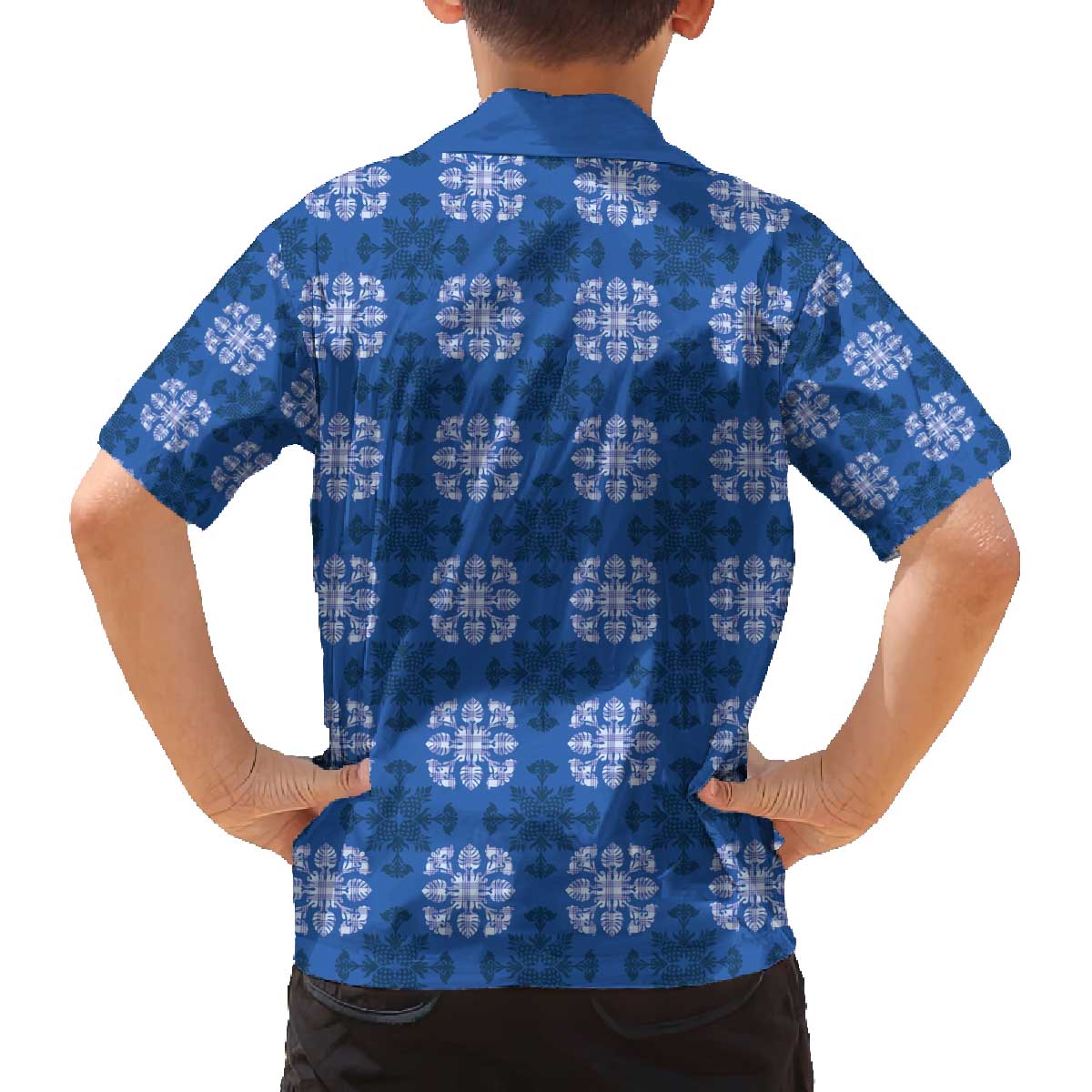 Royal Blue Hawaiian Quilt Family Matching Off The Shoulder Long Sleeve Dress and Hawaiian Shirt Hawaii Pineapple Monstera Palaka Motifs - Polynesian Pride