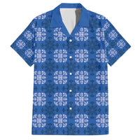Royal Blue Hawaiian Quilt Family Matching Off The Shoulder Long Sleeve Dress and Hawaiian Shirt Hawaii Pineapple Monstera Palaka Motifs - Polynesian Pride