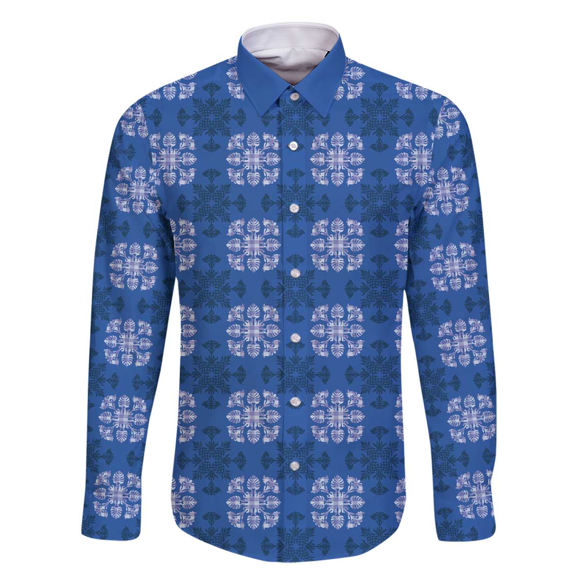 Royal Blue Hawaiian Quilt Family Matching Off The Shoulder Long Sleeve Dress and Hawaiian Shirt Hawaii Pineapple Monstera Palaka Motifs - Polynesian Pride