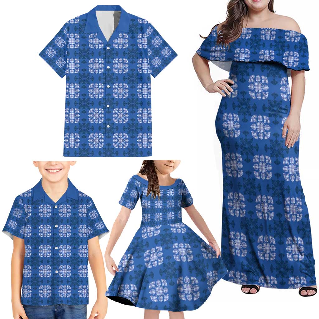 Royal Blue Hawaiian Quilt Family Matching Off Shoulder Maxi Dress and Hawaiian Shirt Hawaii Pineapple Monstera Palaka Motifs - Polynesian Pride