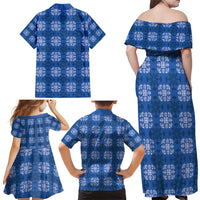 Royal Blue Hawaiian Quilt Family Matching Off Shoulder Maxi Dress and Hawaiian Shirt Hawaii Pineapple Monstera Palaka Motifs - Polynesian Pride
