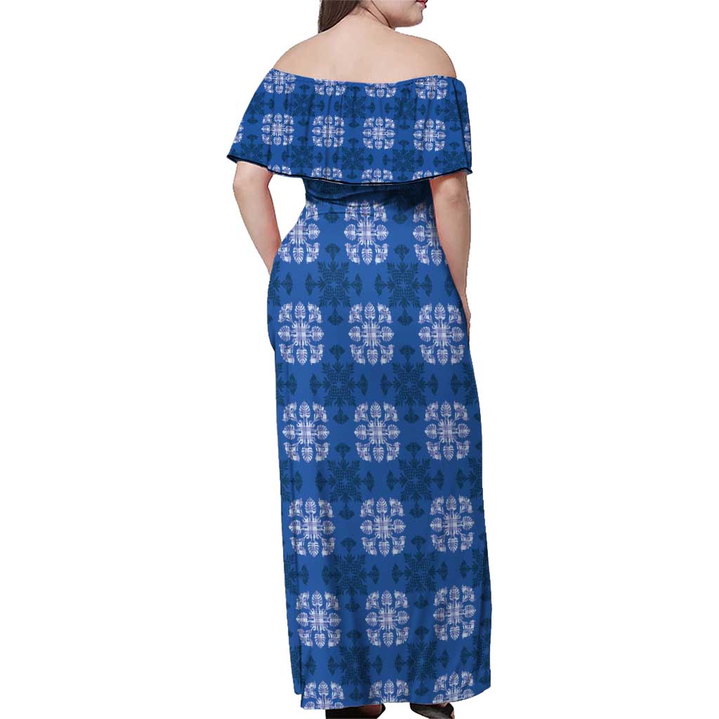 Royal Blue Hawaiian Quilt Family Matching Off Shoulder Maxi Dress and Hawaiian Shirt Hawaii Pineapple Monstera Palaka Motifs - Polynesian Pride