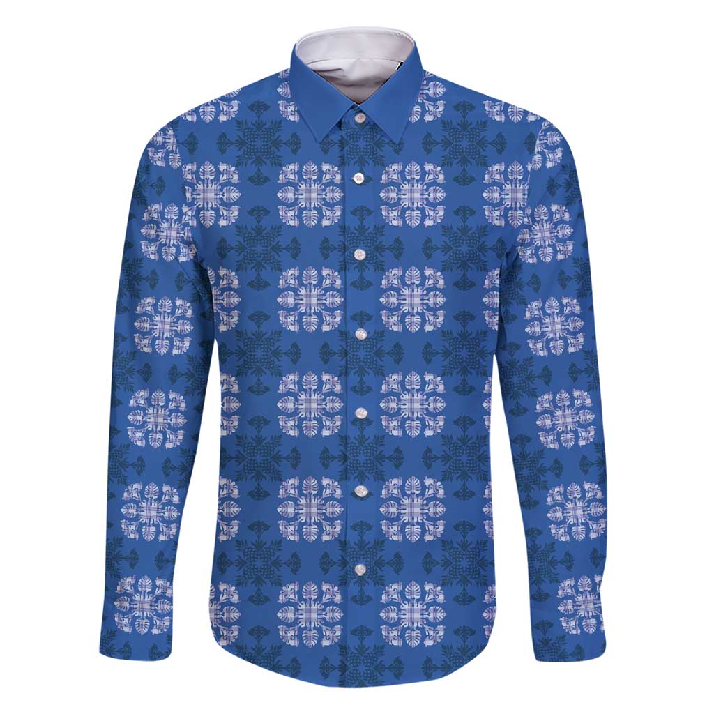 Royal Blue Hawaiian Quilt Family Matching Short Sleeve Bodycon Dress and Hawaiian Shirt Hawaii Pineapple Monstera Palaka Motifs - Polynesian Pride