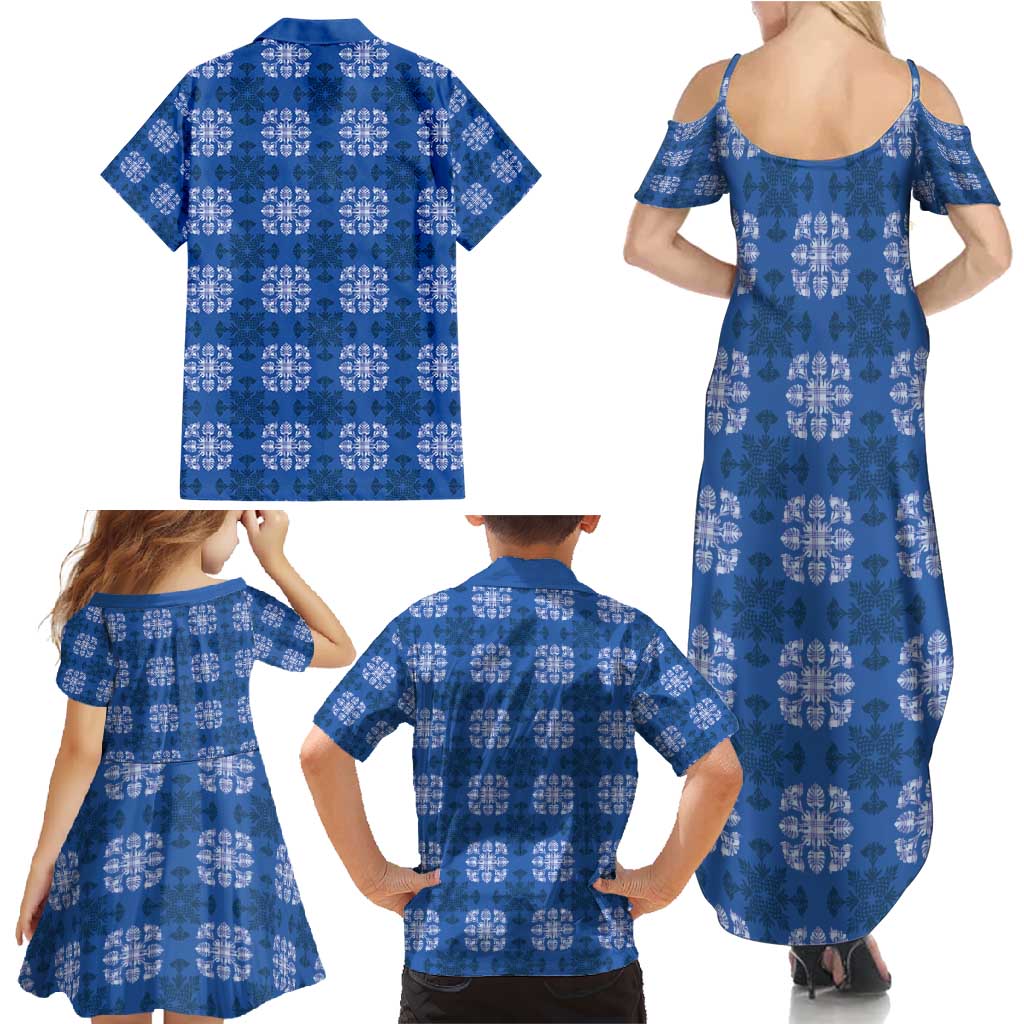 Royal Blue Hawaiian Quilt Family Matching Summer Maxi Dress and Hawaiian Shirt Hawaii Pineapple Monstera Palaka Motifs - Polynesian Pride