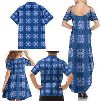 Royal Blue Hawaiian Quilt Family Matching Summer Maxi Dress and Hawaiian Shirt Hawaii Pineapple Monstera Palaka Motifs - Polynesian Pride