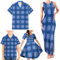 Royal Blue Hawaiian Quilt Family Matching Tank Maxi Dress and Hawaiian Shirt Hawaii Pineapple Monstera Palaka Motifs - Polynesian Pride
