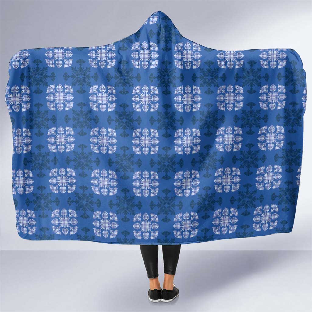 Royal Blue Hawaiian Quilt Hooded Blanket Hawaii Pineapple Monstera Palaka Motifs - Polynesian Pride