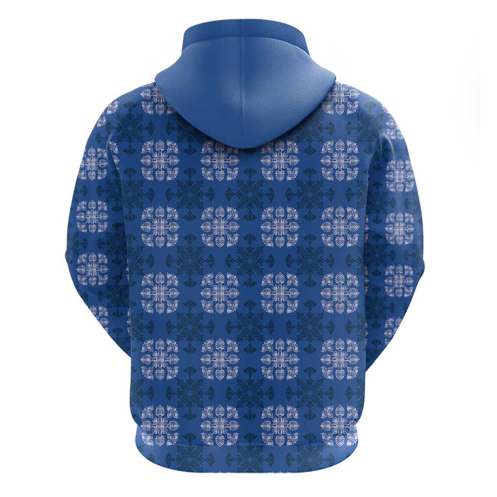 Royal Blue Hawaiian Quilt Hoodie Hawaii Pineapple Monstera Palaka Motifs - Polynesian Pride