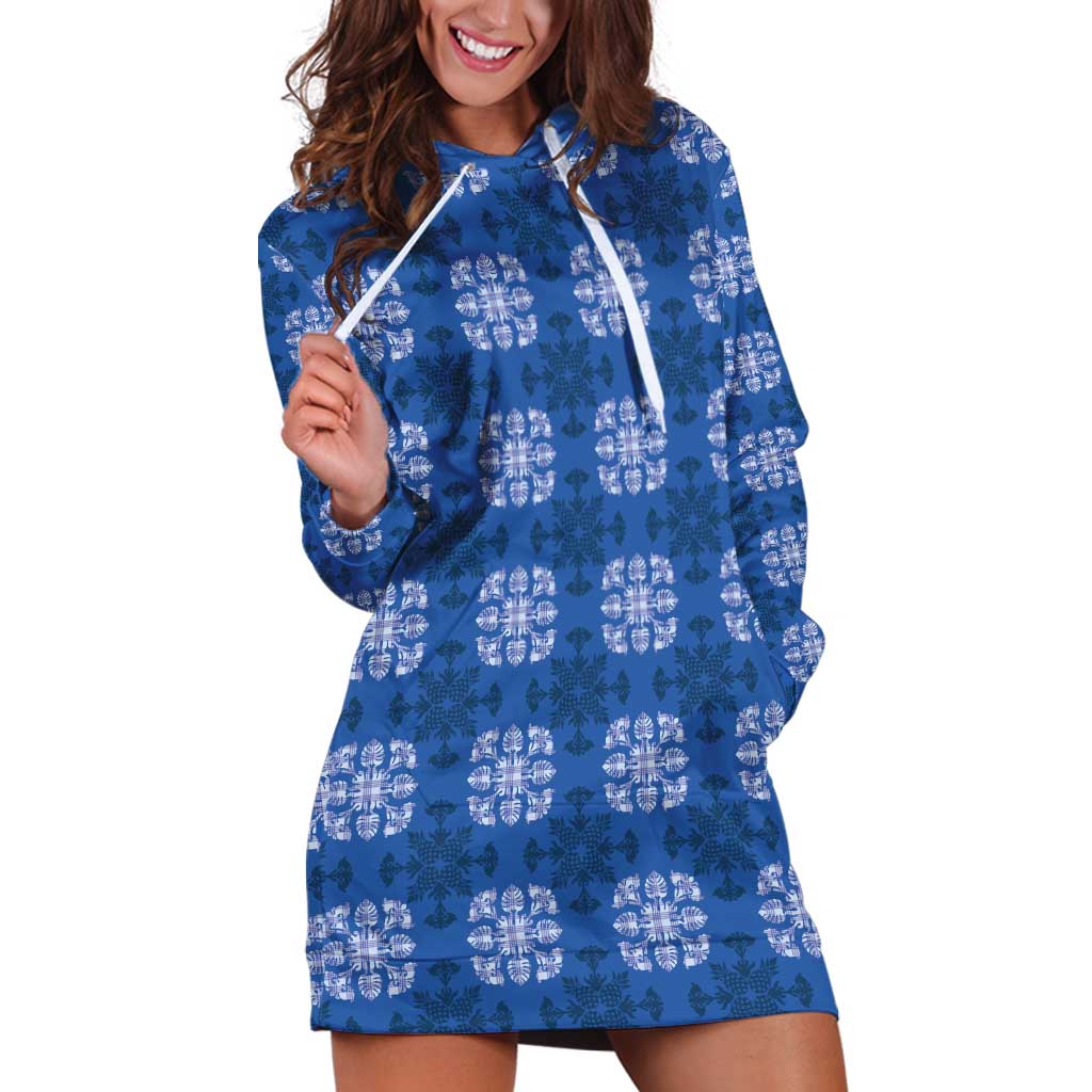 Royal Blue Hawaiian Quilt Hoodie Dress Hawaii Pineapple Monstera Palaka Motifs - Polynesian Pride