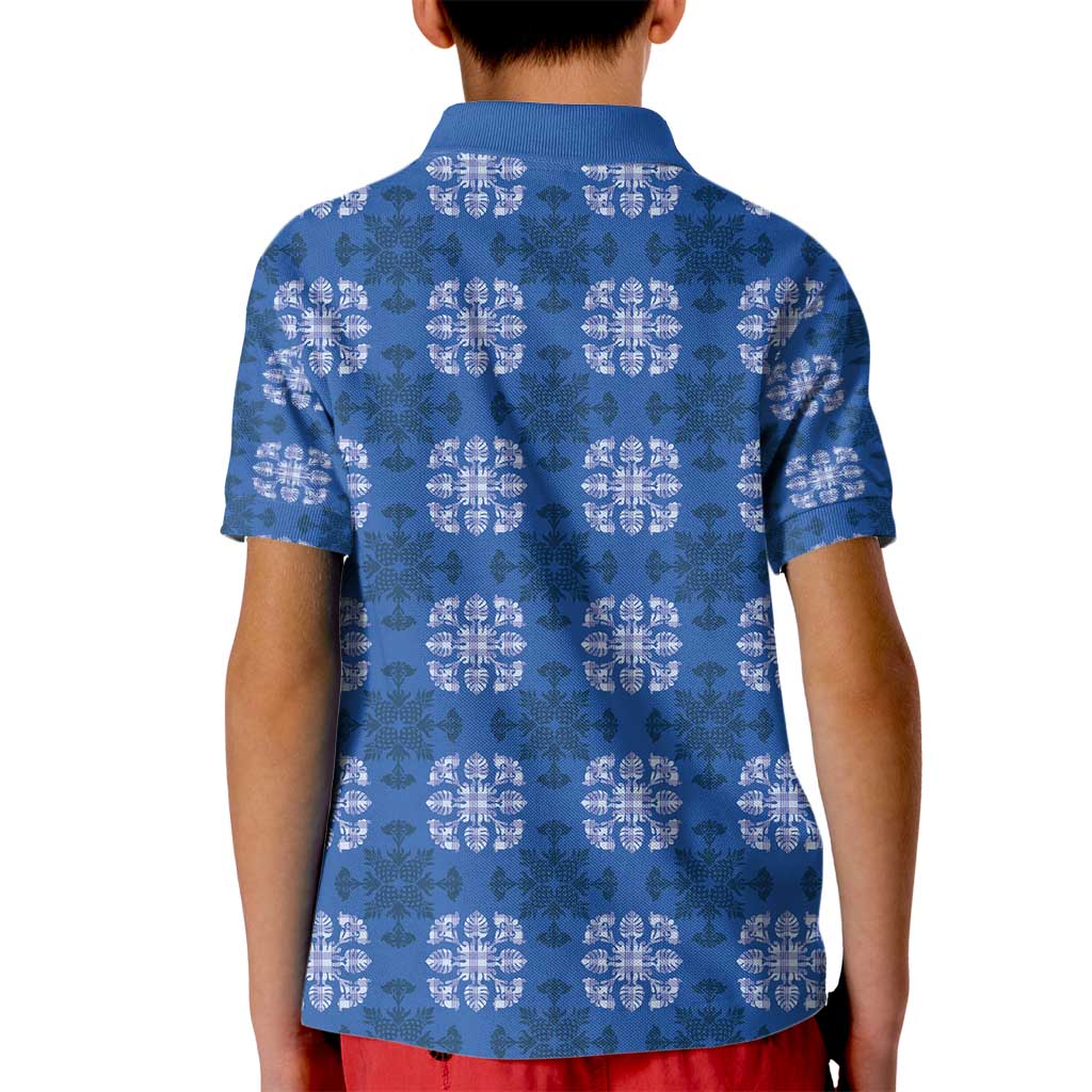 Royal Blue Hawaiian Quilt Kid Polo Shirt Hawaii Pineapple Monstera Palaka Motifs - Polynesian Pride