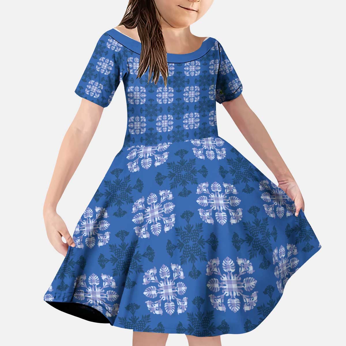 Royal Blue Hawaiian Quilt Kid Short Sleeve Dress Hawaii Pineapple Monstera Palaka Motifs - Polynesian Pride